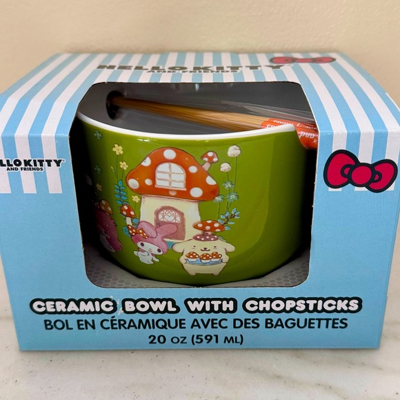 Sanrio Hello Kitty & Friends Mushroom Crew Ceramic Bowl w/ Chopsticks NWT! - Picture 1 of 5